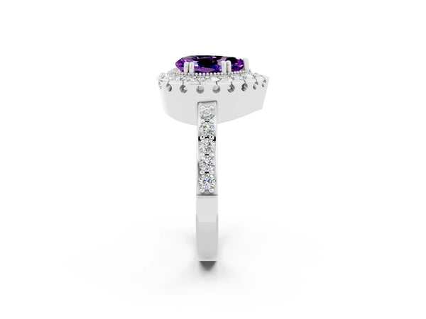 Platinum Pear Cut Amethyst Halo Ring with Pavé Band and Prong Setting