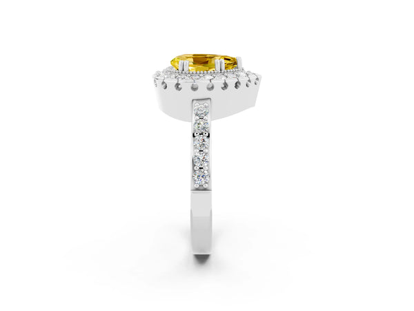 Platinum Pear Cut Yellow Sapphire Halo Ring with Pavé Band and Prong Setting