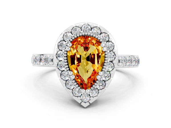 White gold Pear Cut Citrine Halo Ring with Pavé Band and Prong Setting
