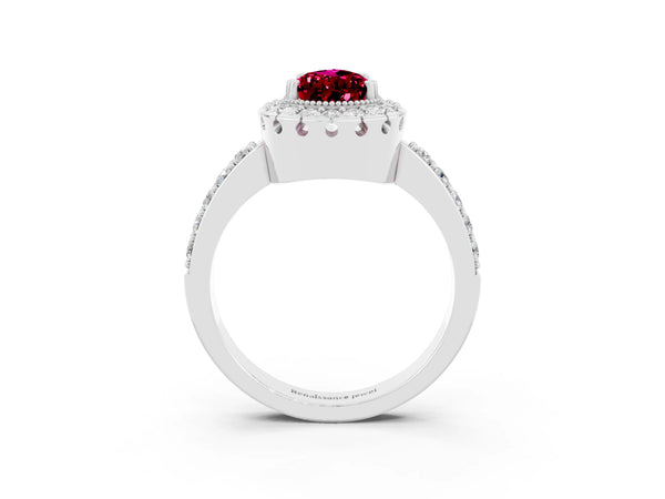 Silver Pear Cut Garnet Halo Ring with Pavé Band and Prong Setting