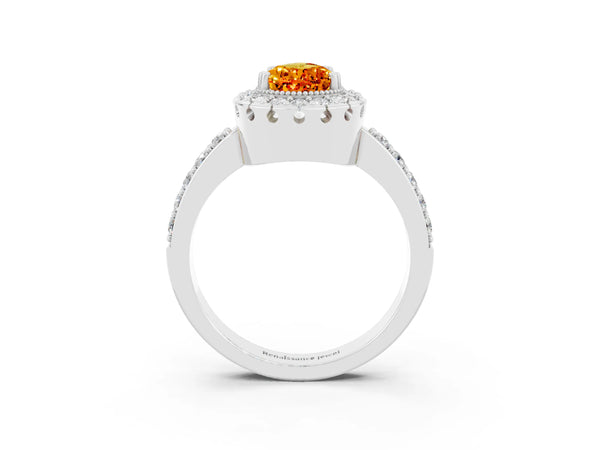 Platinum Pear Cut Citrine Halo Ring with Pavé Band and Prong Setting