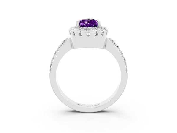 Platinum Pear Cut Amethyst Halo Ring with Pavé Band and Prong Setting