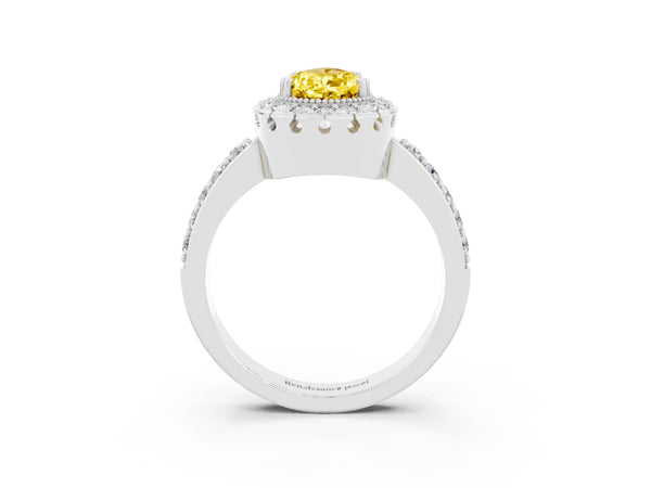 White gold Pear Cut Yellow Sapphire Halo Ring with Pavé Band and Prong Setting
