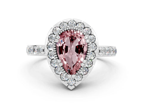 White gold Pear Cut Diamond Halo Ring with Pavé Band and Prong Setting