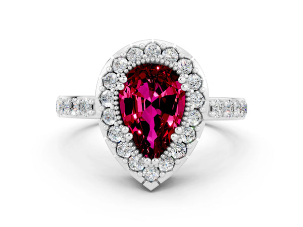 White gold Pear Cut Garnet Halo Ring with Pavé Band and Prong Setting