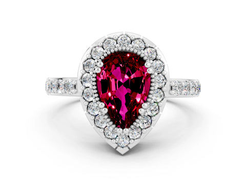White gold Pear Cut Diamond Halo Ring with Pavé Band and Prong Setting