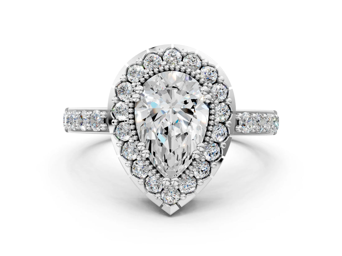 White gold Pear Cut Diamond Halo Ring with Pavé Band and Prong Setting_7
