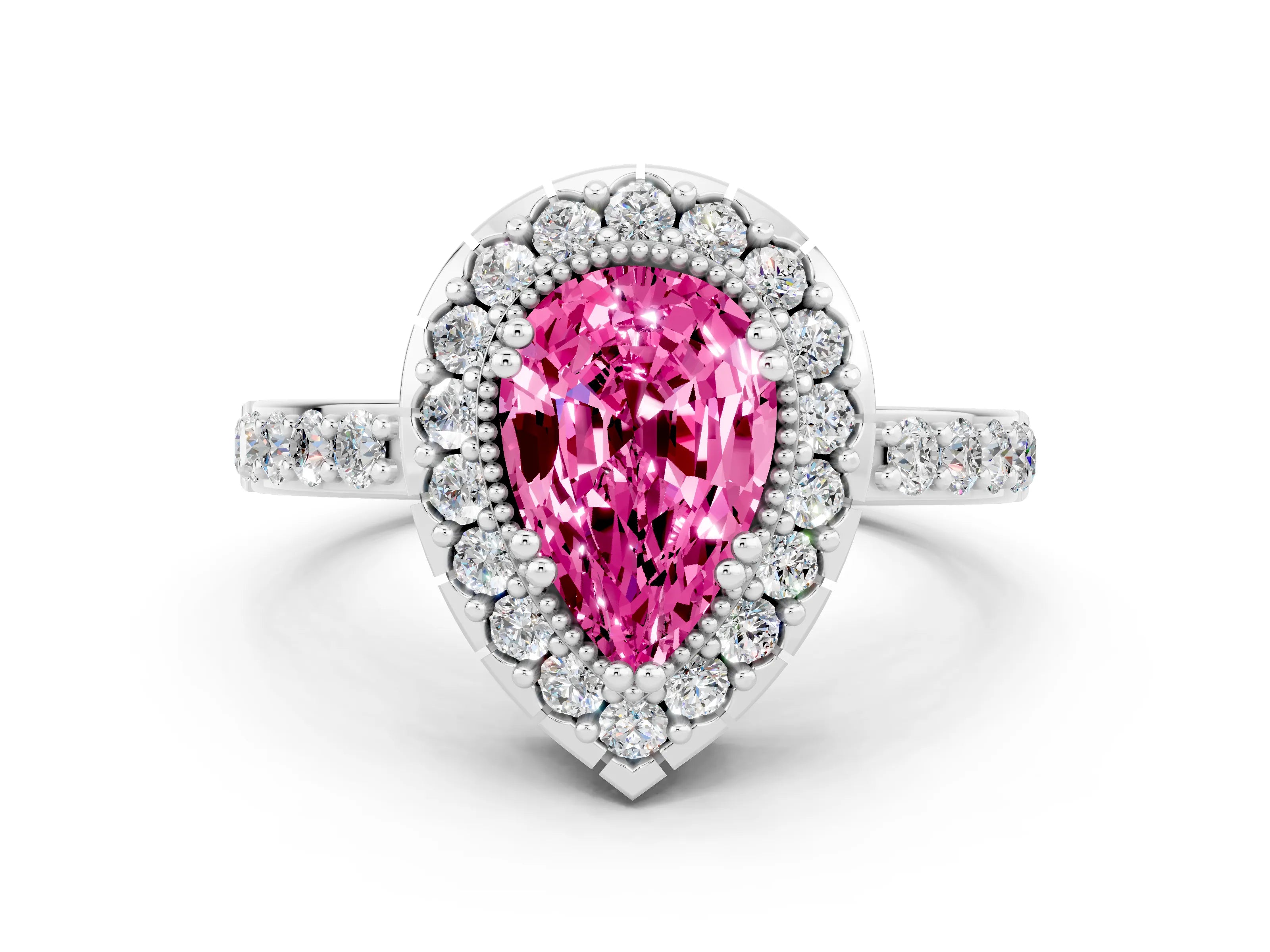 White gold Pear Cut Diamond Halo Ring with Pavé Band and Prong Setting