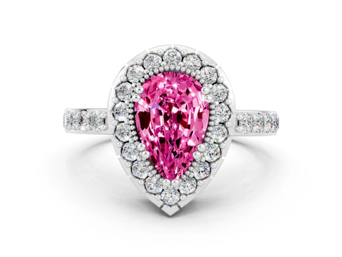 White gold Pear Cut Diamond Halo Ring with Pavé Band and Prong Setting