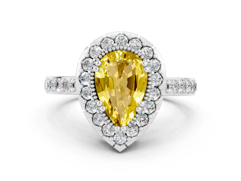 White gold Pear Cut Diamond Halo Ring with Pavé Band and Prong Setting