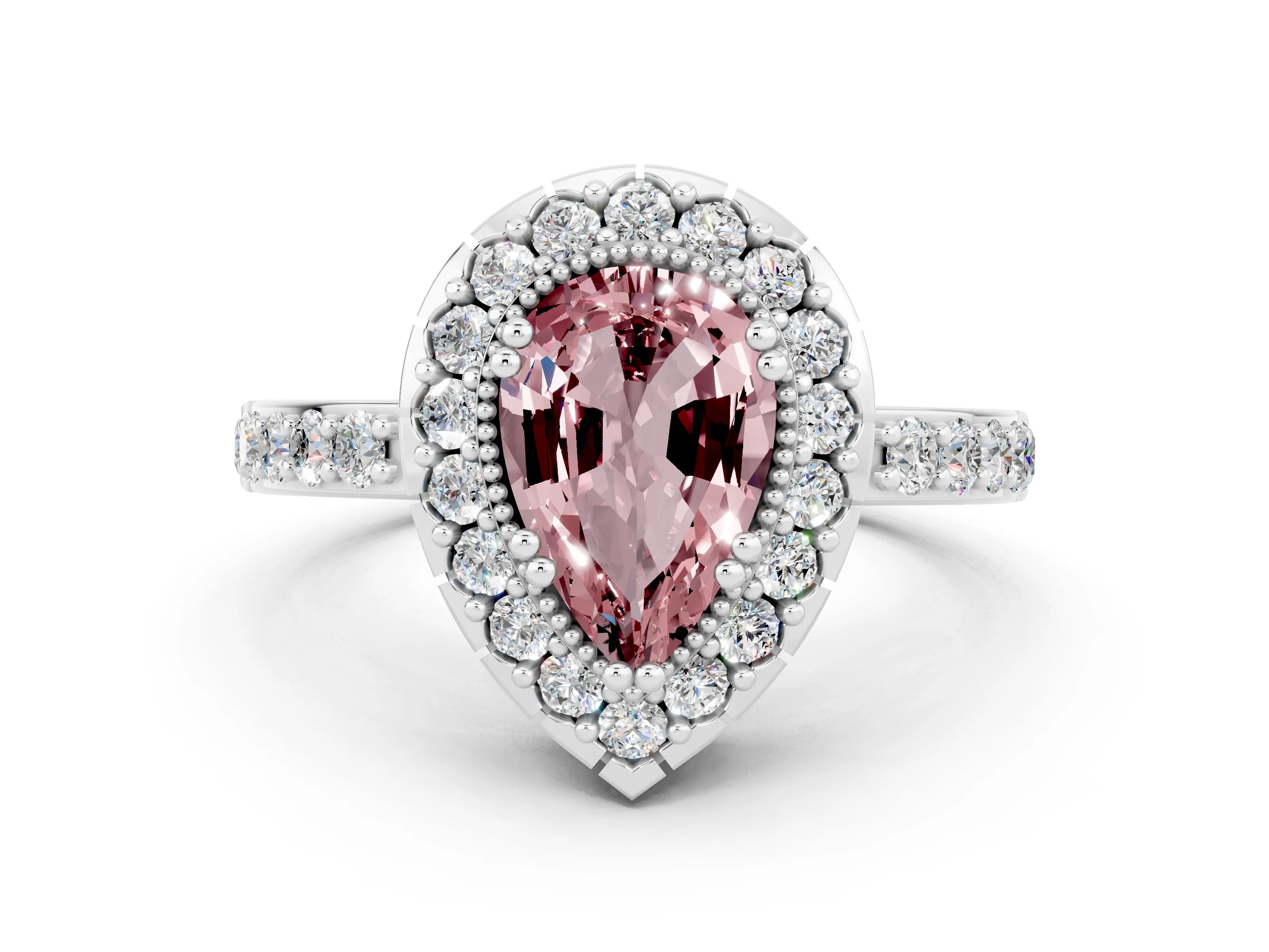 White gold Pear Cut Diamond Halo Ring with Pavé Band and Prong Setting