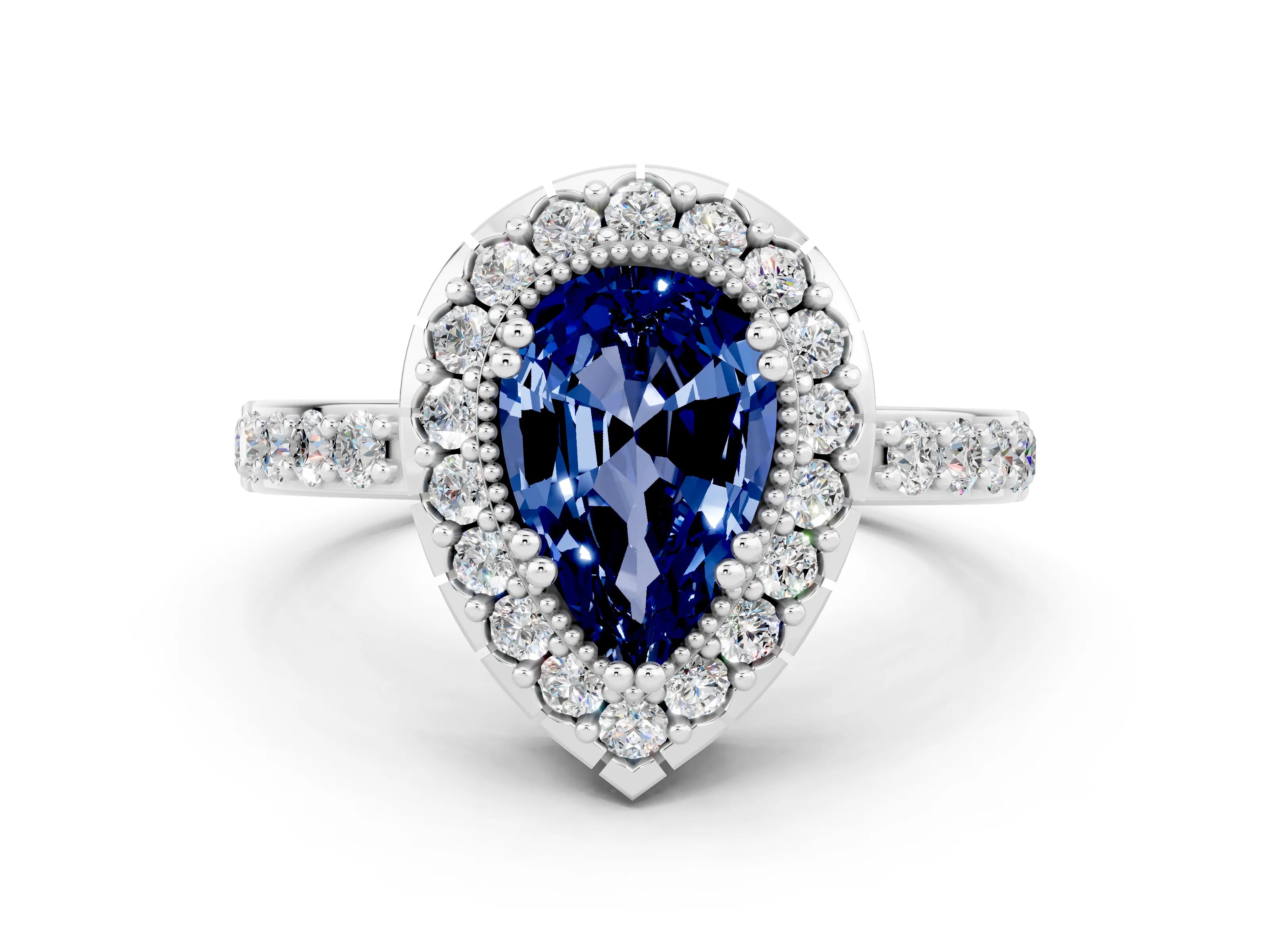 White gold Pear Cut Diamond Halo Ring with Pavé Band and Prong Setting