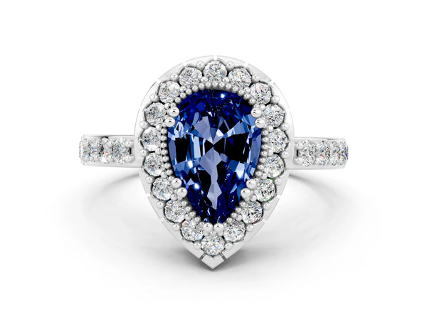 Platinum Pear Cut Blue Sapphire Halo Ring with Pavé Band and Prong Setting