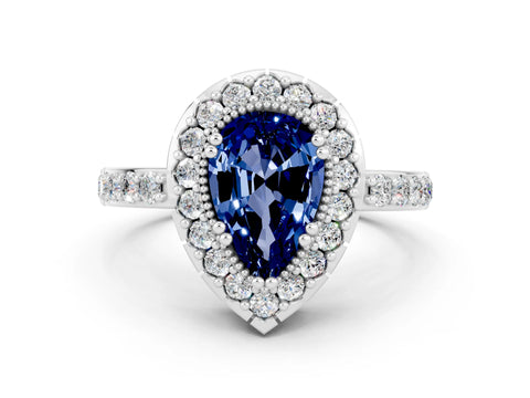 White gold Pear Cut Diamond Halo Ring with Pavé Band and Prong Setting