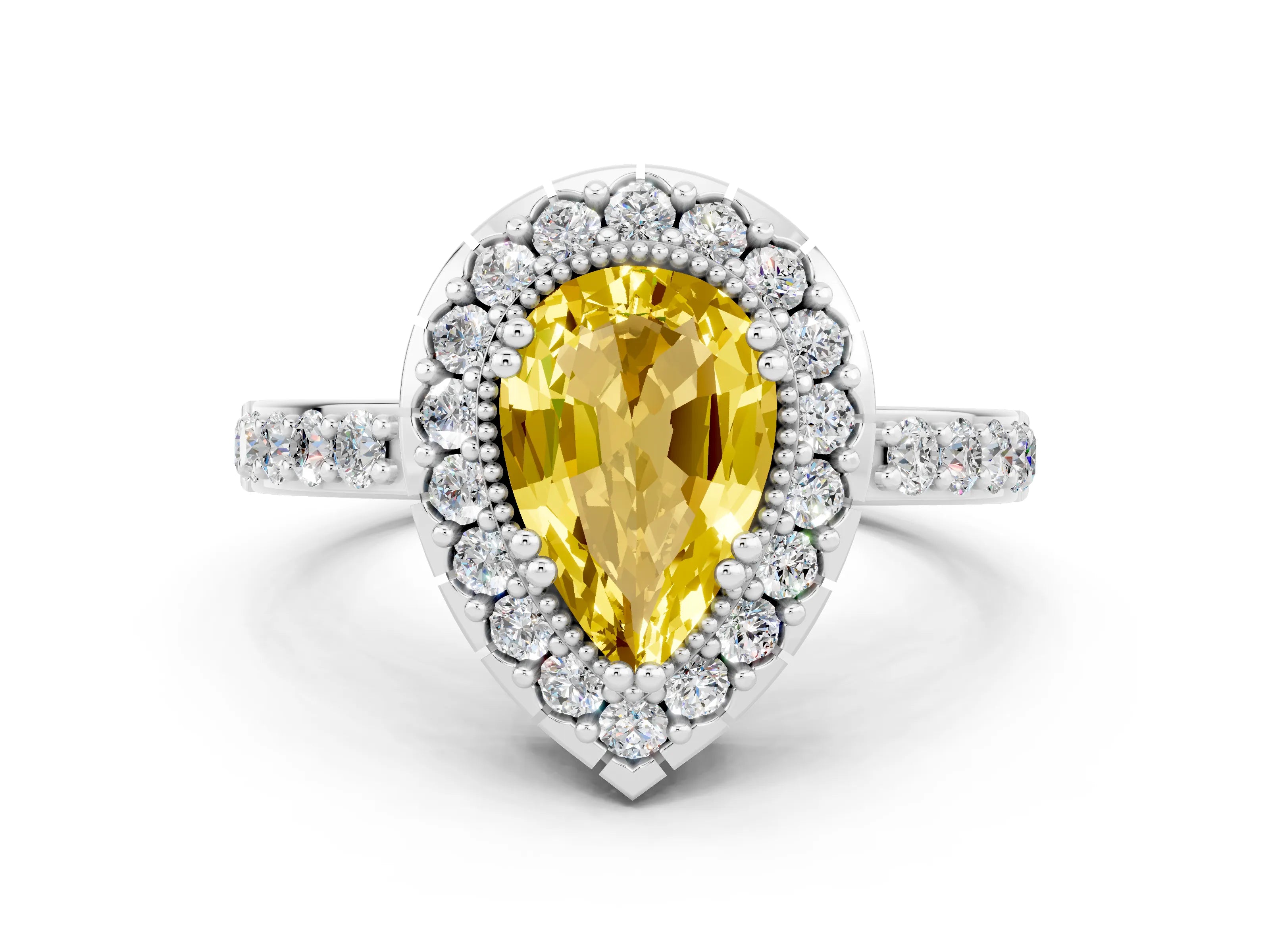 White gold Pear Cut Diamond Halo Ring with Pavé Band and Prong Setting