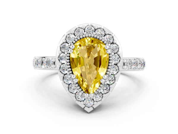 Platinum Pear Cut Yellow Sapphire Halo Ring with Pavé Band and Prong Setting