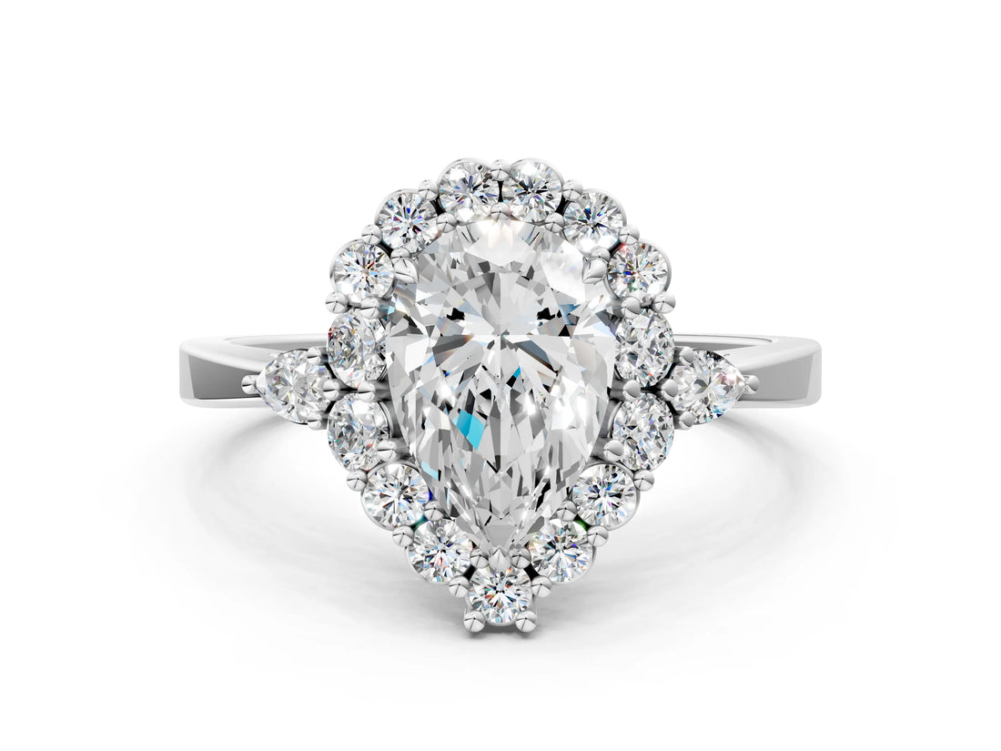 White gold Pear Cut Diamond Halo Ring with Pear Side Stones and Prong Setting_73