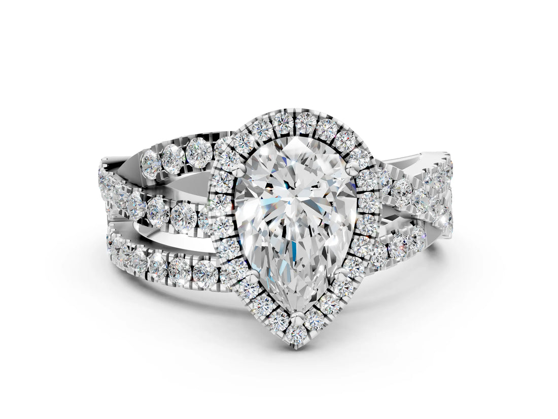 White gold Pear Cut Diamond Halo Ring with Round Split Shank and Prong Setting_18