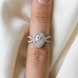 White gold Pear Cut Diamond Halo Ring with Split Shank Pavé Band and Prong Setting_90