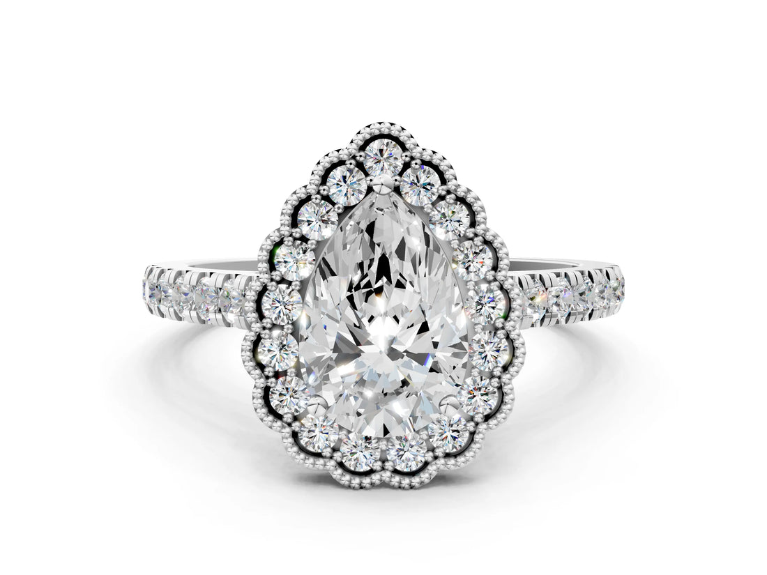 White gold Pear Cut Diamond Milgrain Floral Halo Engagement Ring with Pavé Band_21