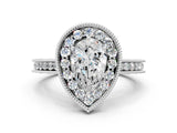 White gold Pear Cut Diamond Milgrain Halo Engagement Ring with Round Pavé Band and Prong Setting_12