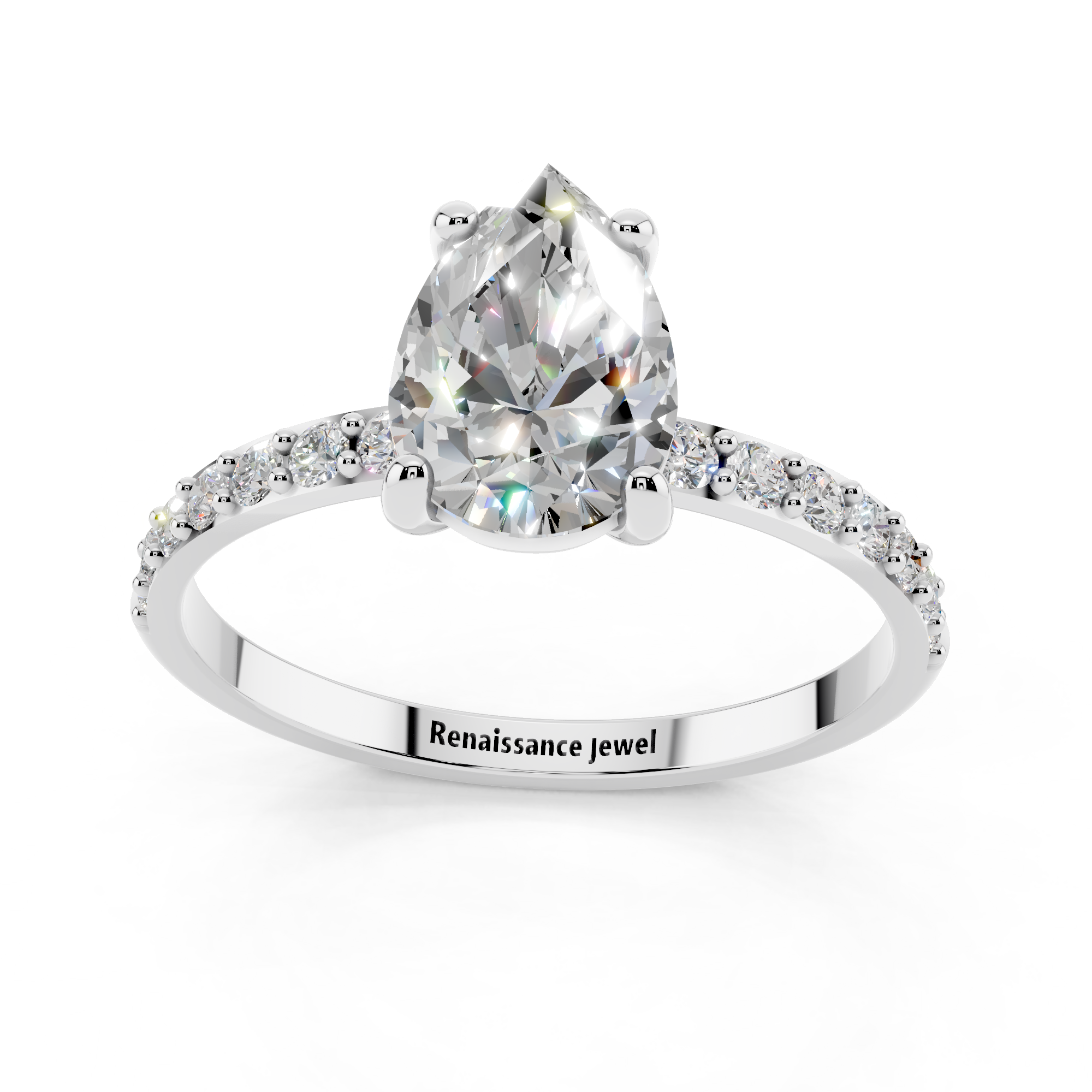 White gold Pear Cut Diamond Pavé Band Solitaire Ring with Four-Prong Setting_9