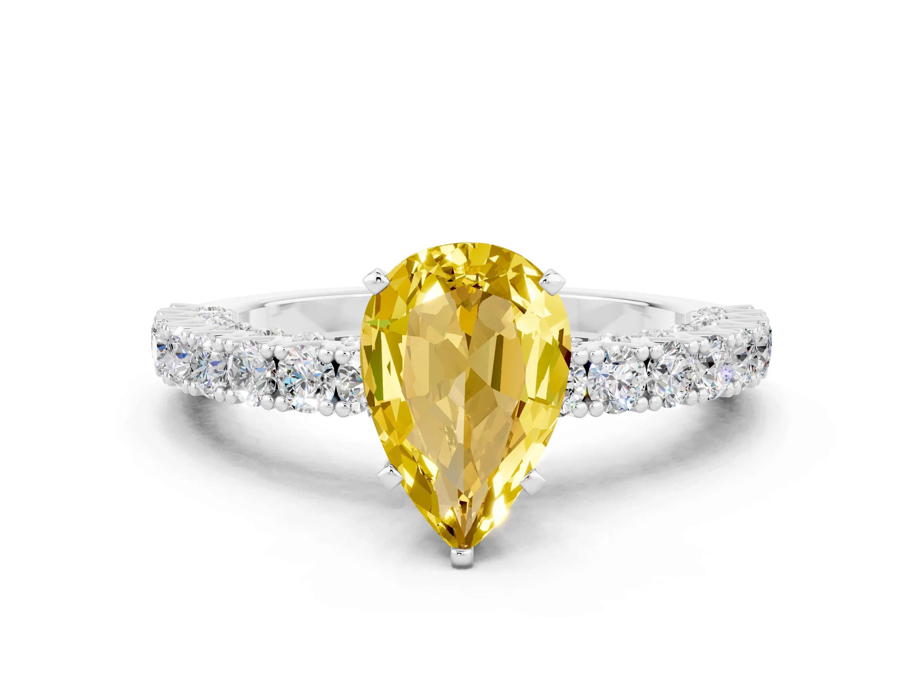 White gold Pear Cut Diamond Pavé Band Solitaire Ring with Prong Setting