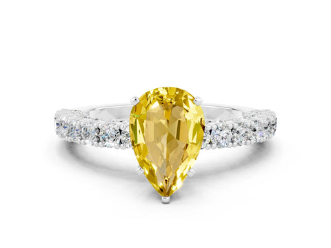 White gold Pear Cut Diamond Pavé Band Solitaire Ring with Prong Setting
