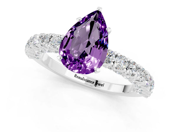 Silver Pear Cut Amethyst Solitaire Ring with Round Accent Pavé Band and Prong Setting