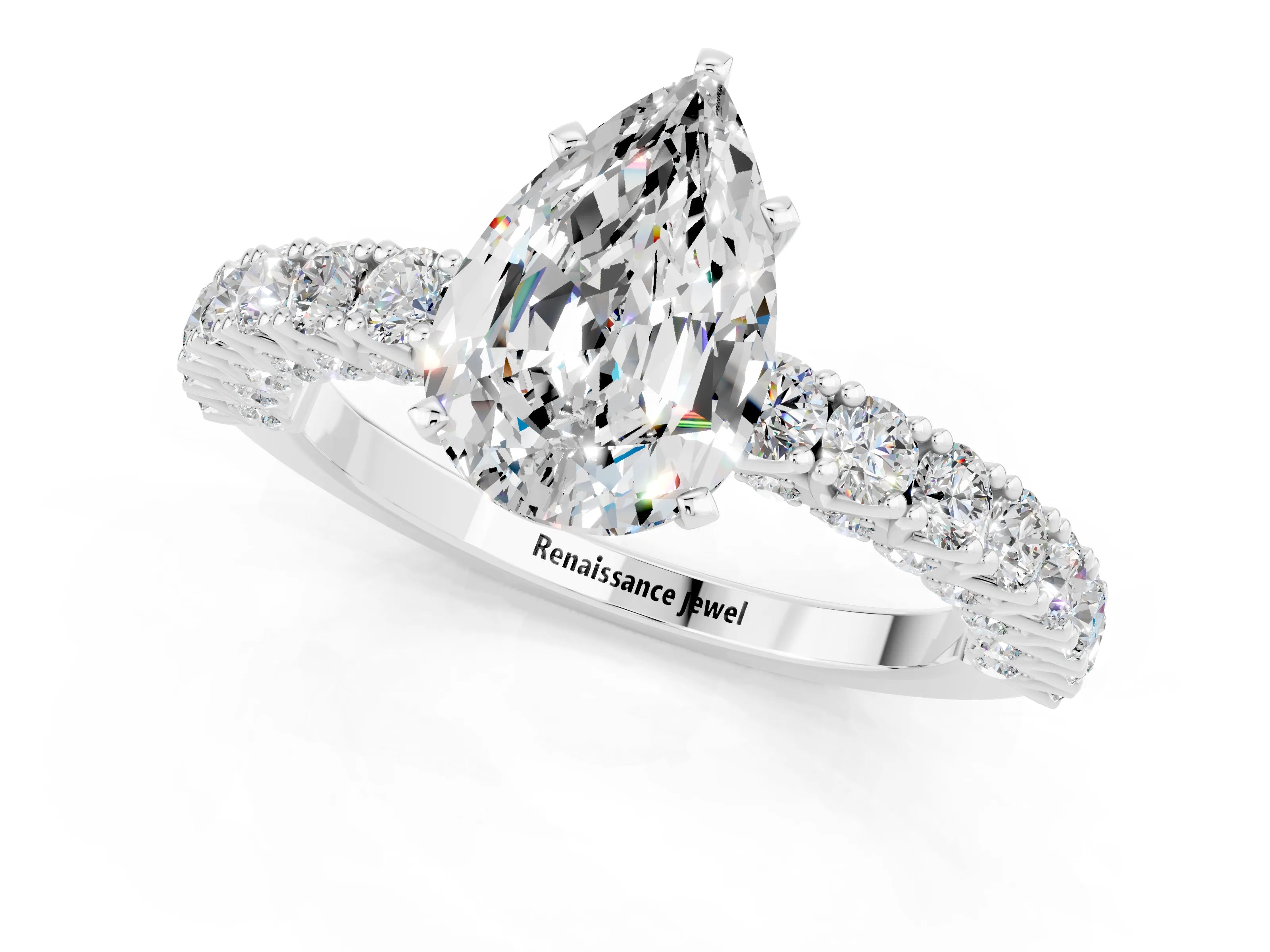 White gold Pear Cut Diamond Pavé Band Solitaire Ring with Prong Setting_1