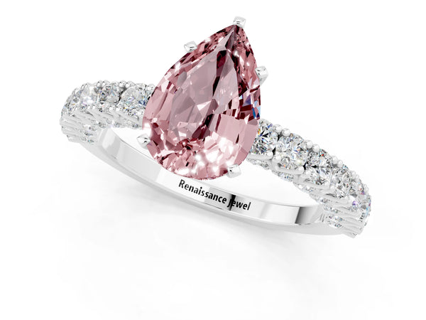 Silver Pear Cut Diamond Pavé Band Solitaire Ring with Prong Setting