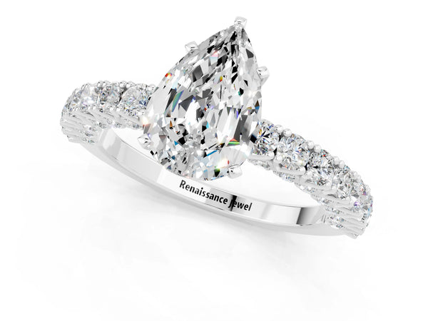 Silver Pear Cut Diamond Pavé Band Solitaire Ring with Prong Setting