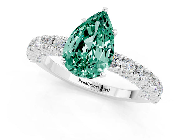 Platinum Pear Cut Diamond Pavé Band Solitaire Ring with Prong Setting