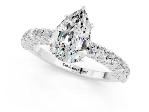 White gold Pear Cut Diamond Pavé Band Solitaire Ring with Prong Setting_1