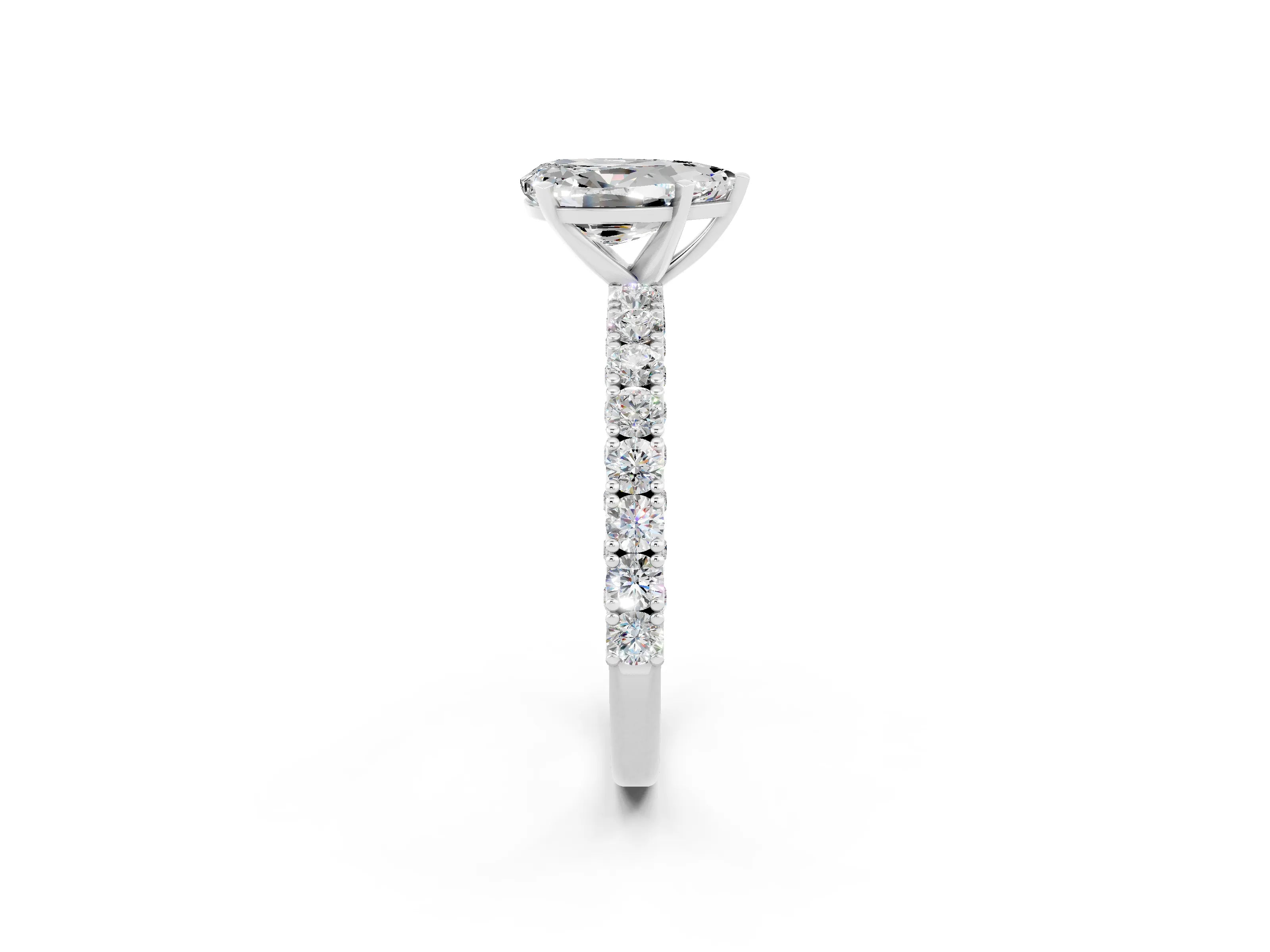 White gold Pear Cut Diamond Pavé Band Solitaire Ring with Prong Setting_2