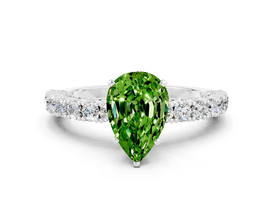 White gold Pear Cut Diamond Pavé Band Solitaire Ring with Prong Setting