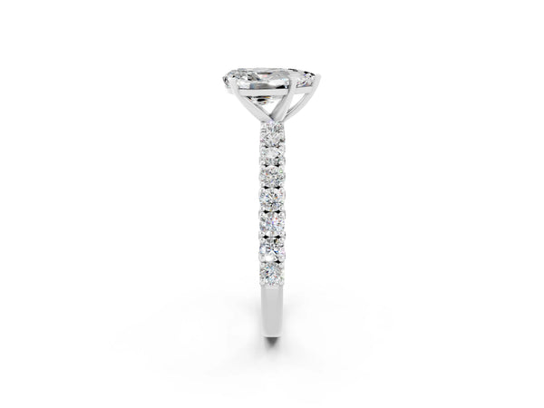 White gold Pear Cut Diamond Pavé Band Solitaire Ring with Prong Setting