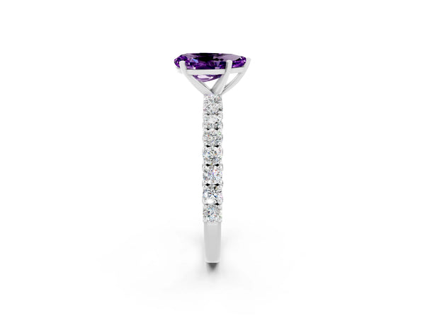 White gold Pear Cut Amethyst Solitaire Ring with Round Accent Pavé Band and Prong Setting