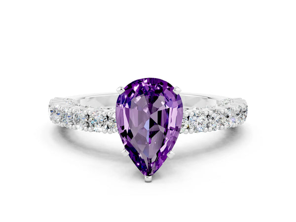Silver Pear Cut Amethyst Solitaire Ring with Round Accent Pavé Band and Prong Setting