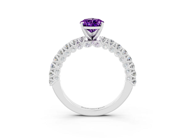 Platinum Pear Cut Amethyst Solitaire Ring with Round Accent Pavé Band and Prong Setting