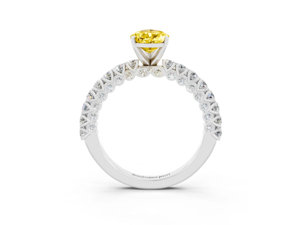 Silver Pear Cut Diamond Pavé Band Solitaire Ring with Prong Setting