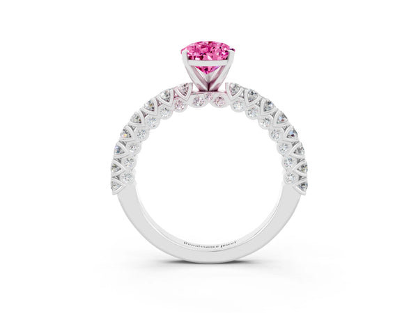 Silver Pear Cut Diamond Pavé Band Solitaire Ring with Prong Setting