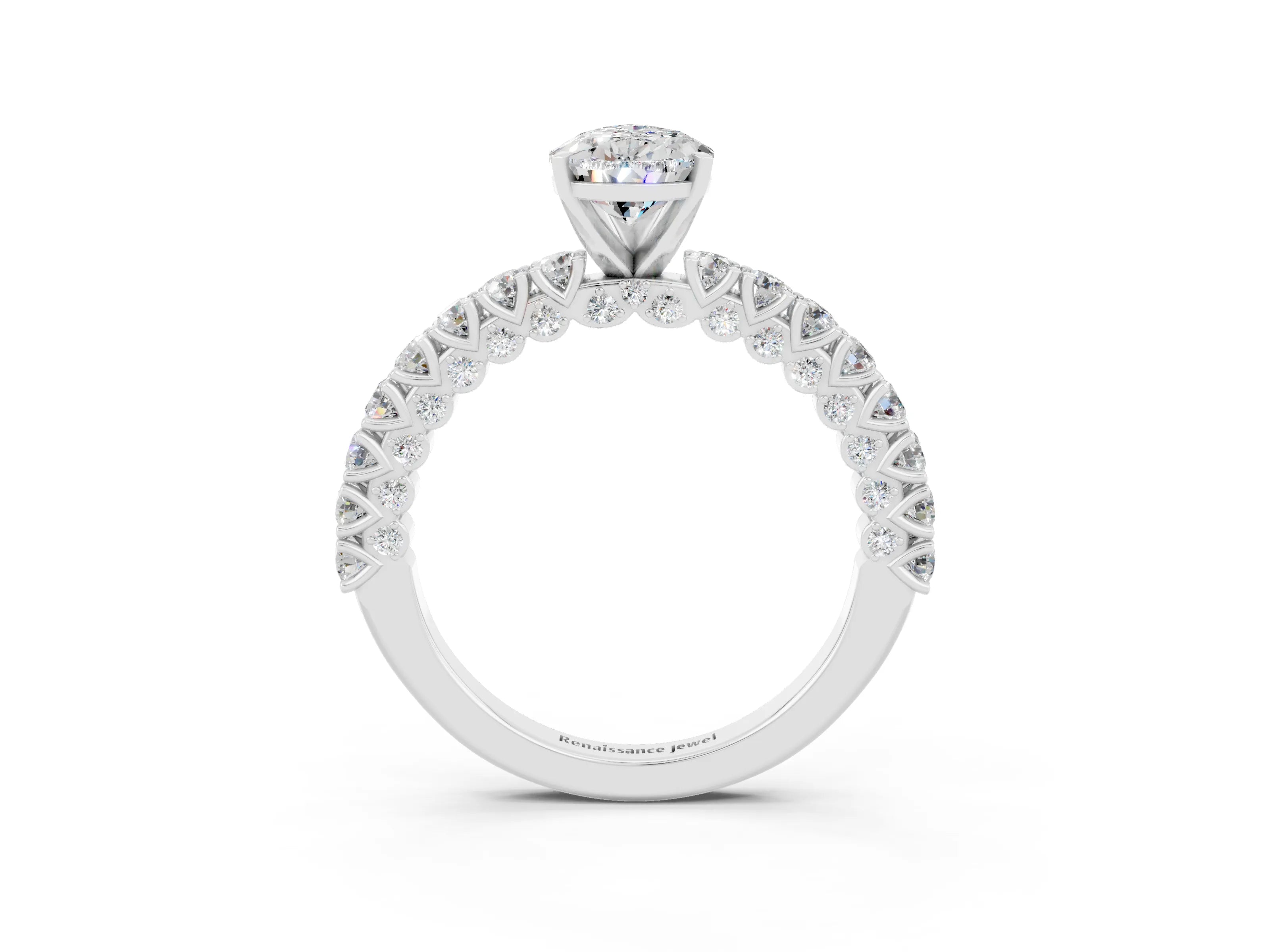 White gold Pear Cut Diamond Pavé Band Solitaire Ring with Prong Setting_3
