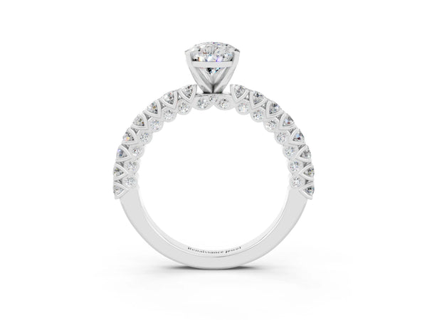 Silver Pear Cut Diamond Pavé Band Solitaire Ring with Prong Setting