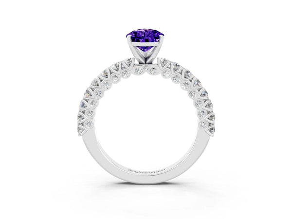 Silver Pear Cut Diamond Pavé Band Solitaire Ring with Prong Setting