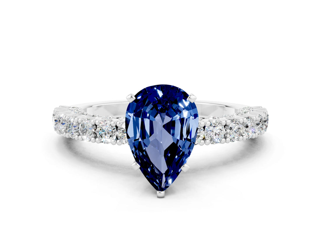 White gold Pear Cut Diamond Pavé Band Solitaire Ring with Prong Setting