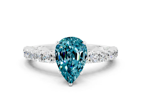 Platinum Pear Cut Diamond Pavé Band Solitaire Ring with Prong Setting