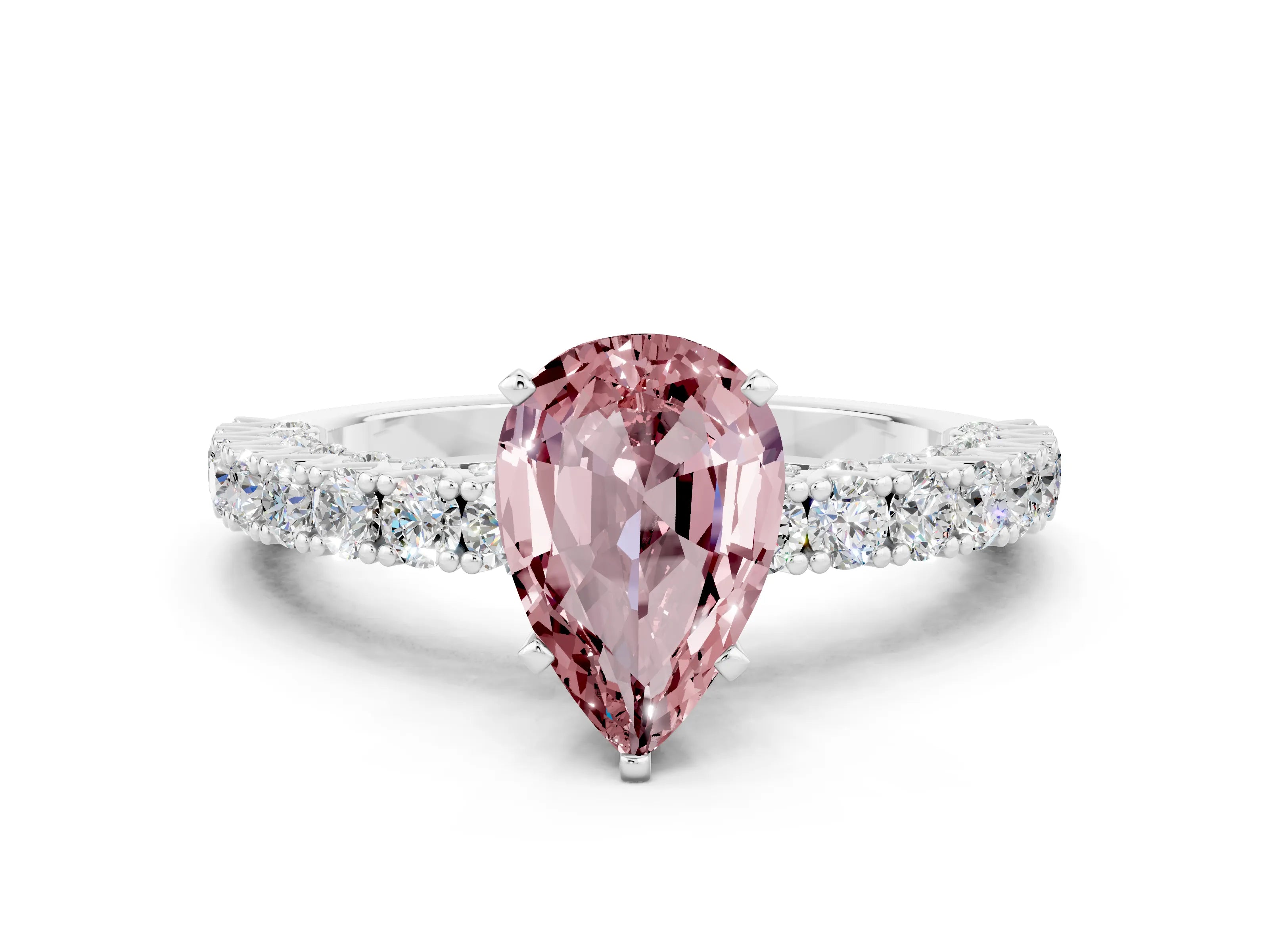 White gold Pear Cut Diamond Pavé Band Solitaire Ring with Prong Setting