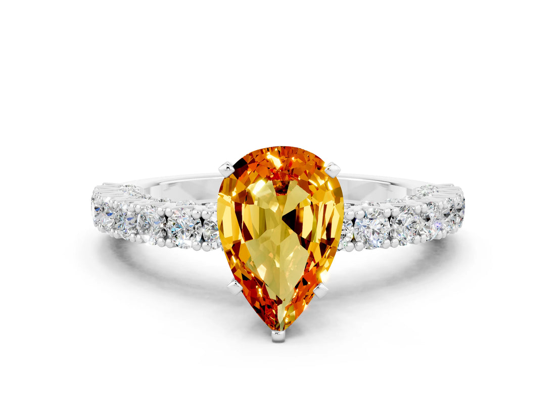 White gold Pear Cut Diamond Pavé Band Solitaire Ring with Prong Setting