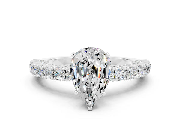 Silver Pear Cut Diamond Pavé Band Solitaire Ring with Prong Setting